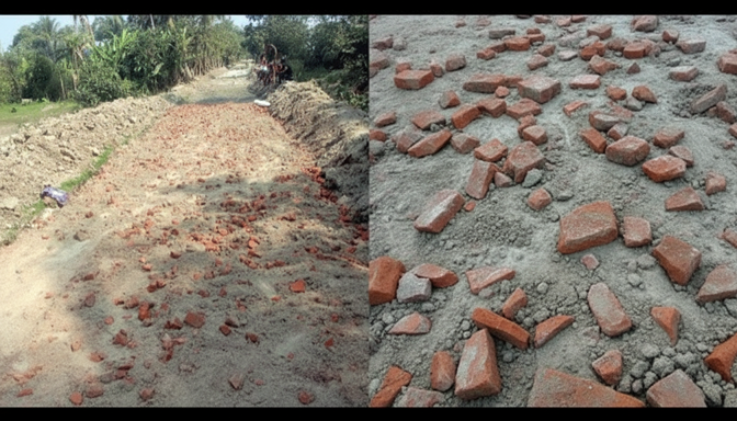 শৈলকুপায় নির্মাণাধীন সড়কে নিম্নমানের ইটের ব্যবহার