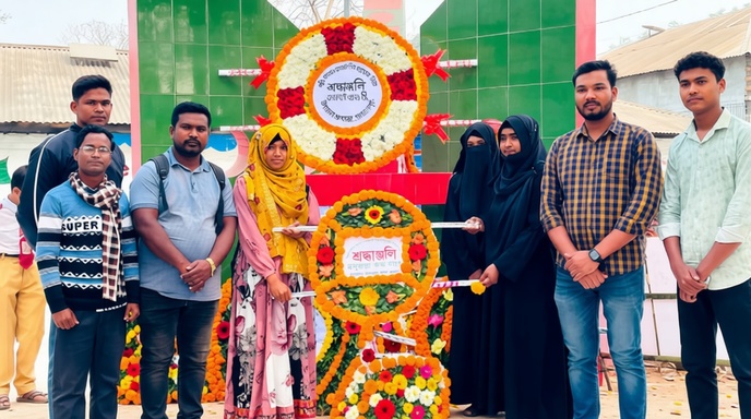 গঙ্গাচড়ায় শহীদ মিনারে পুষ্পস্তবক অর্পণ করছে বসুন্ধরা শুভসংঘ