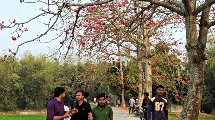 চিলমারীর রাস্তায় রক্তিম শিমুল ফুলের সারিতে দর্শনার্থীদের ভিড়