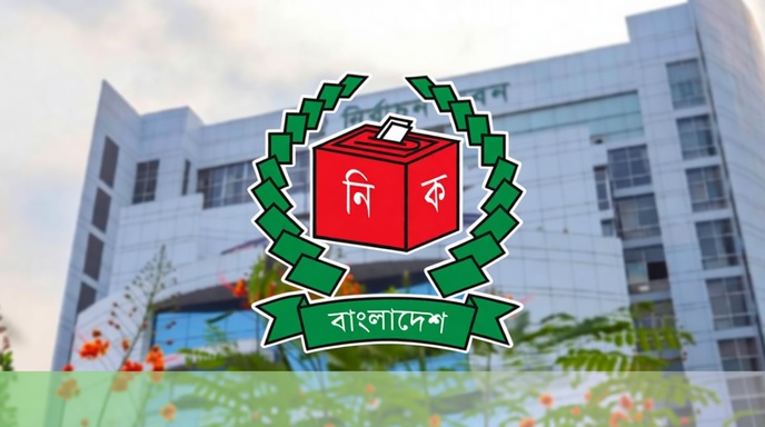নির্বাচন কমিশনের লোগো এবং নির্বাচনী ব্যালট বক্সের প্রতীকী ছবি