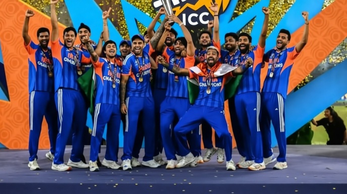 টি-টোয়েন্টি বিশ্বকাপ ট্রফি হাতে ভারতীয় দলের উদযাপন