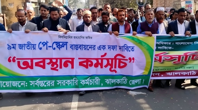 ঝালকাঠিতে নবম পে-স্কেলের দাবিতে কর্মচারীদের বিক্ষোভ