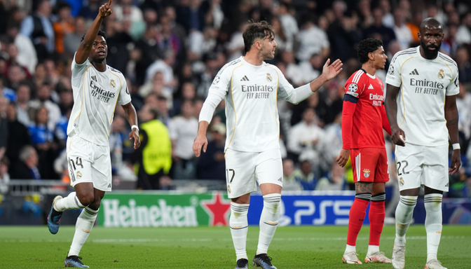 বেনফিকার বিপক্ষে গোল উদযাপন করছেন রিয়াল মাদ্রিদ তারকা ভিনিসিউস জুনিয়র