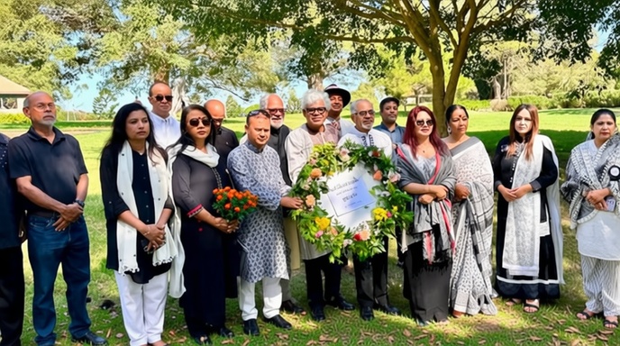 অস্ট্রেলিয়ার সিডনিতে আন্তর্জাতিক মাতৃভাষা দিবসের শহীদ মিনারে পুষ্পস্তবক অর্পণ করছেন মানুষ।