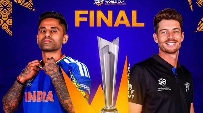 টি-টোয়েন্টি বিশ্বকাপ ট্রফি এবং ভারত ও নিউজিল্যান্ডের পতাকা